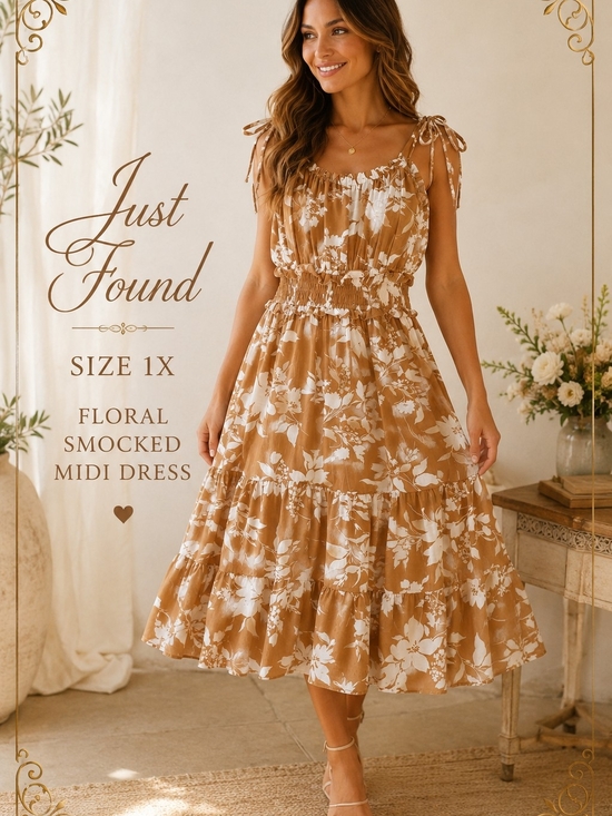 Just Found Dresses & Skirts - Just Found 1X Floral Smocked Midi Dress Tan Cream Camel Cottagecore Boho NWOT